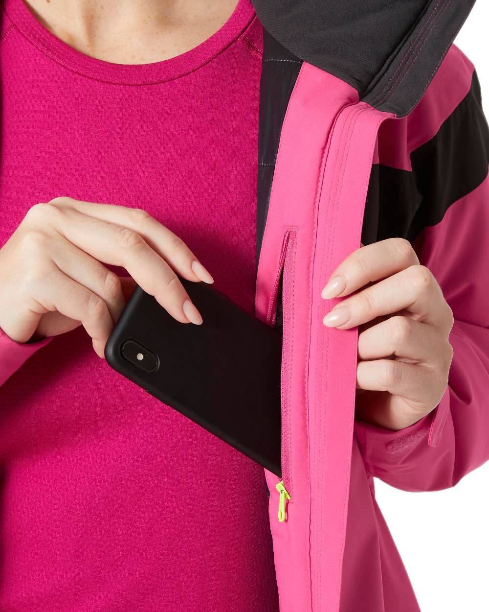 Dragon Fruit Coloured Helly Hansen Womens Motionista Lifaloft Ski Jacket on white background