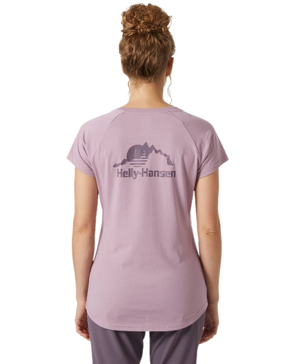 Purple Clay coloured Helly Hansen Womens Nord Graphic Drop T-Shirt on white background