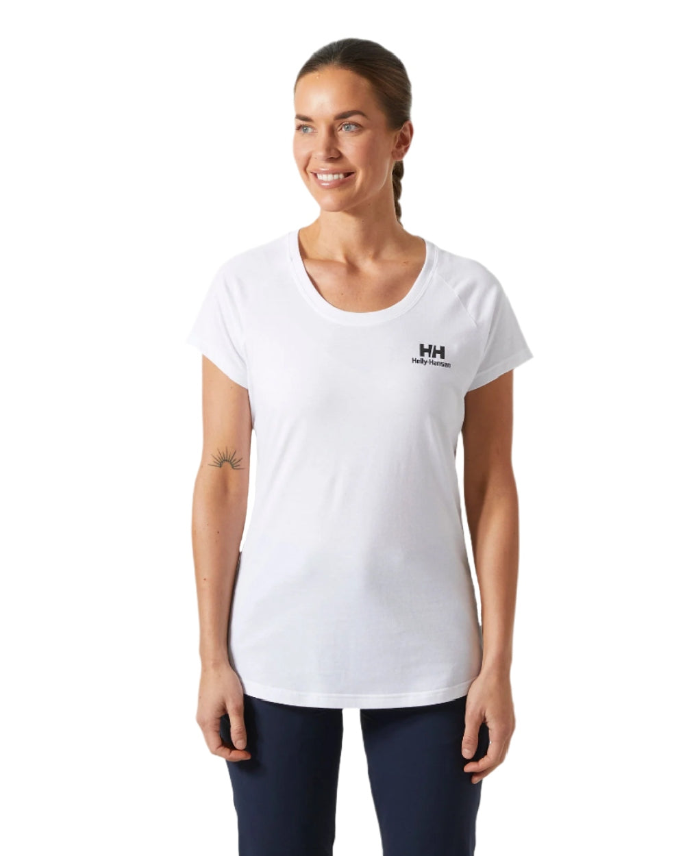 White coloured Helly Hansen Womens Nord Graphic Drop T-Shirt on white background