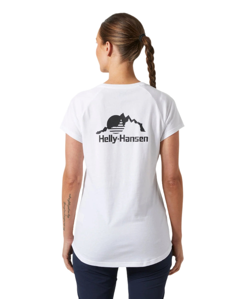 White coloured Helly Hansen Womens Nord Graphic Drop T-Shirt on white background