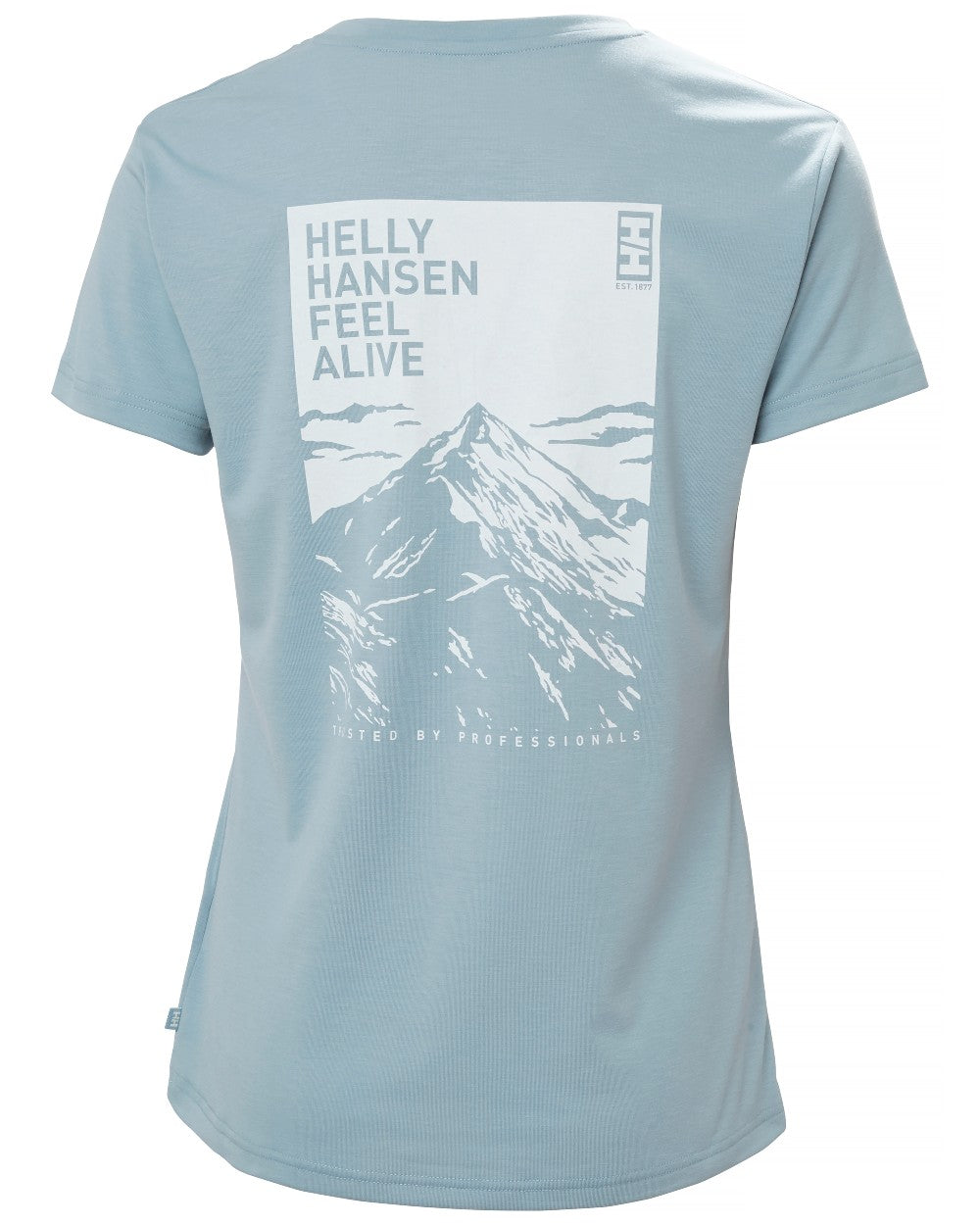 Windy Blue coloured Helly Hansen Womens Skog Recycled Graphic T-Shirt on white background
