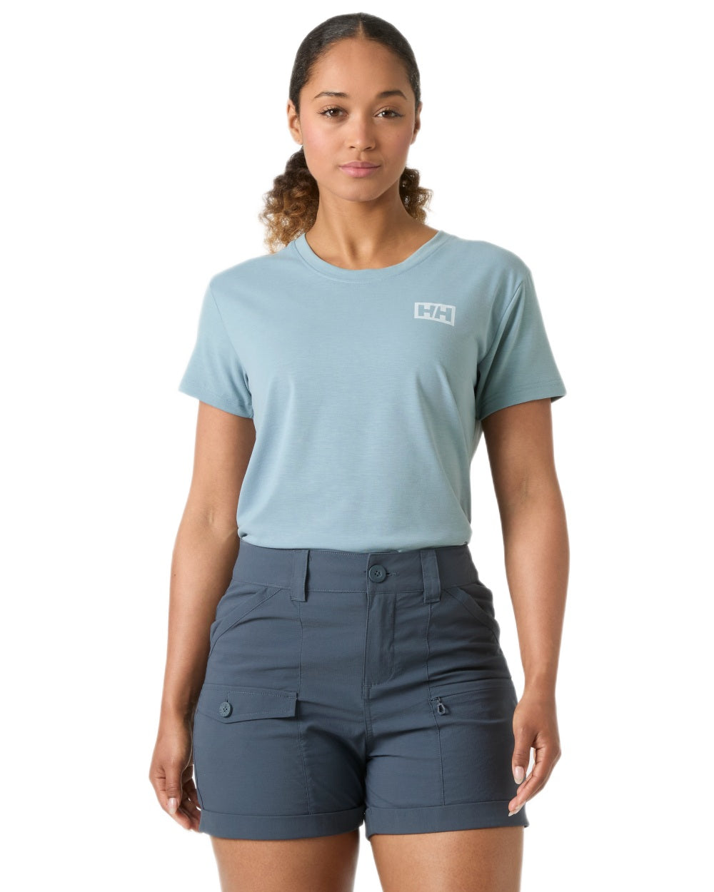 Windy Blue coloured Helly Hansen Womens Skog Recycled Graphic T-Shirt on white background