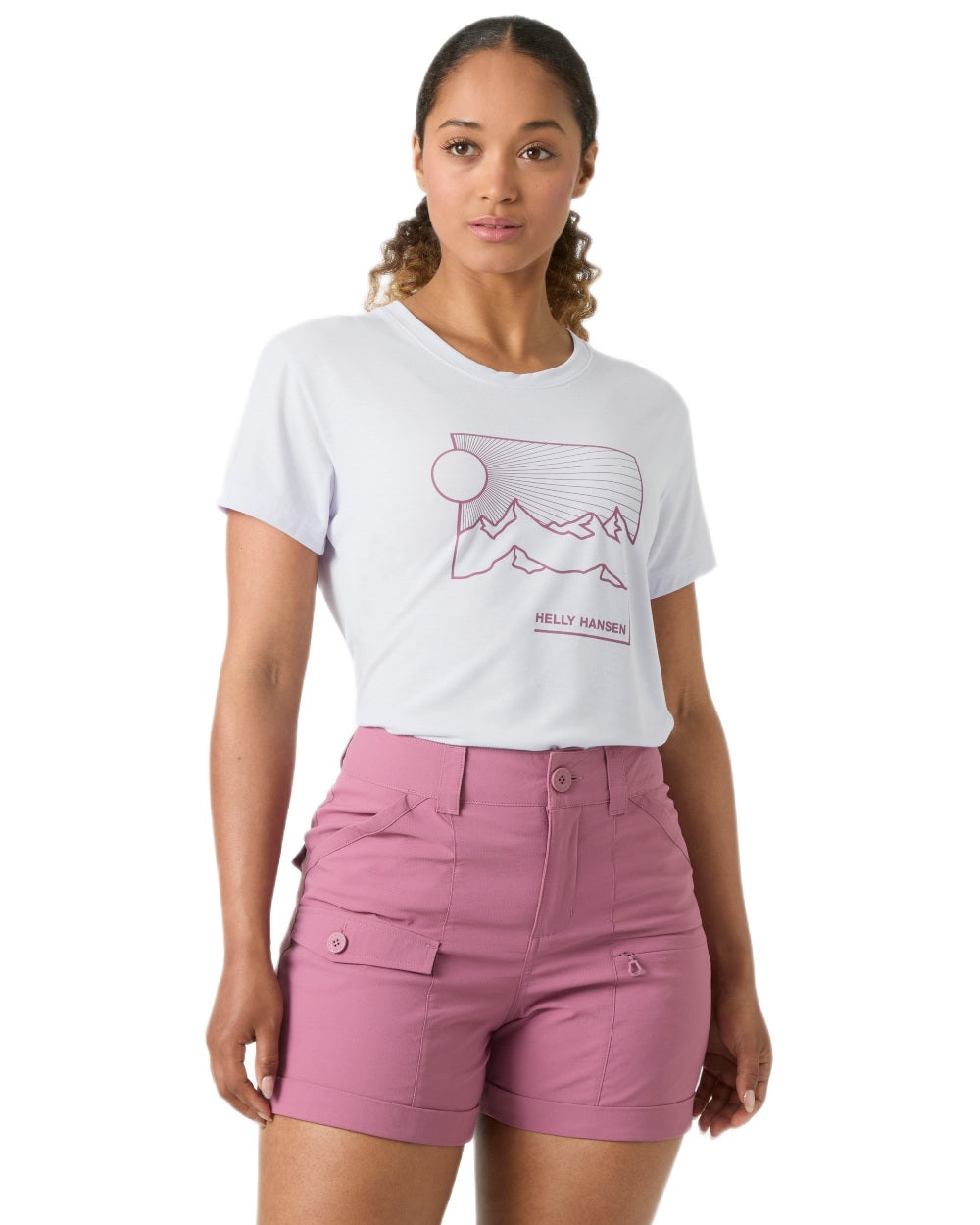 Even Light Purple coloured Helly Hansen Womens Skog Recycled Graphic T-Shirt on white background