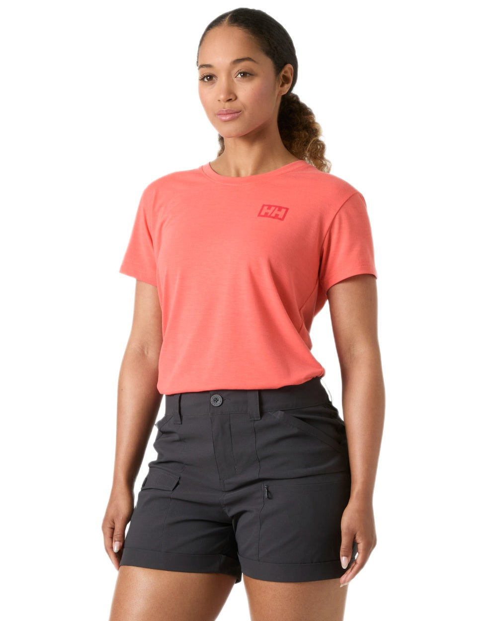 Sunset Pink coloured Helly Hansen Womens Skog Recycled Graphic T-Shirt on white background
