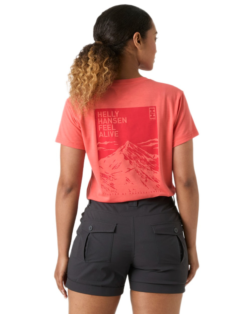 Sunset Pink coloured Helly Hansen Womens Skog Recycled Graphic T-Shirt on white background