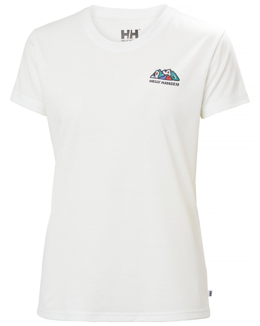 White coloured Helly Hansen Womens Skog Recycled Graphic T-Shirt on white background