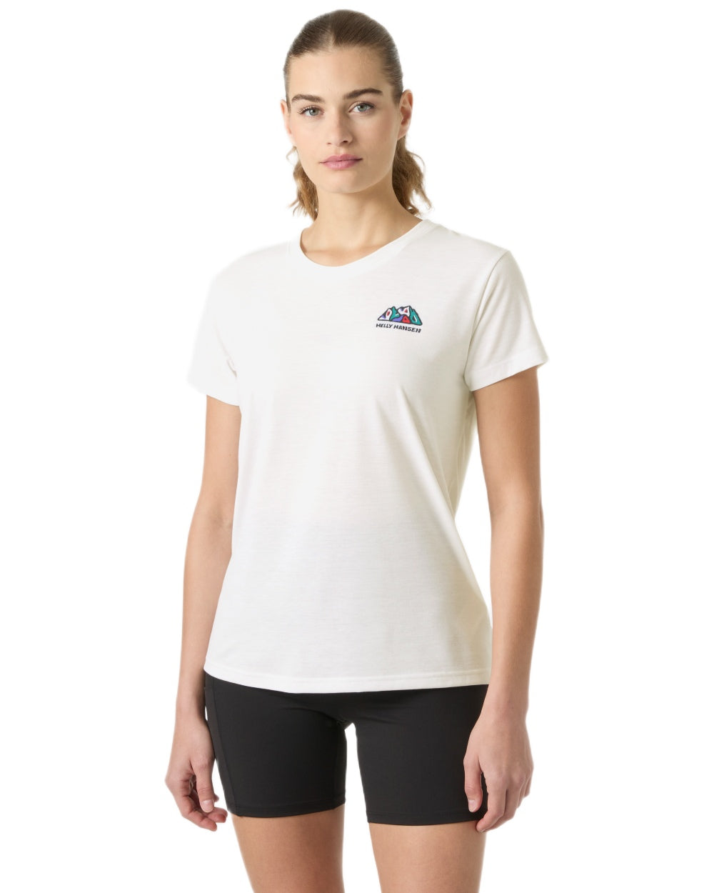 White coloured Helly Hansen Womens Skog Recycled Graphic T-Shirt on white background