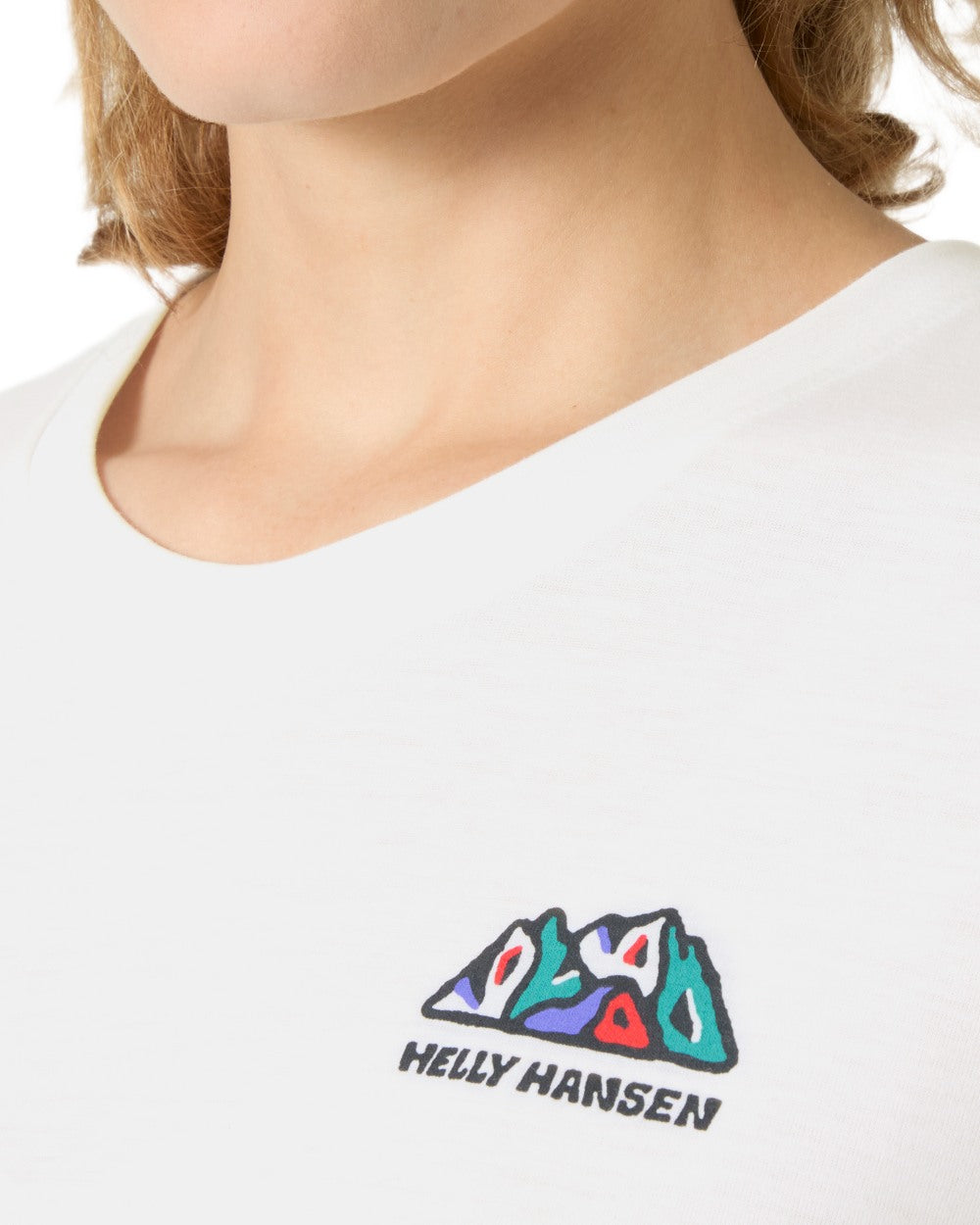 White coloured Helly Hansen Womens Skog Recycled Graphic T-Shirt on white background
