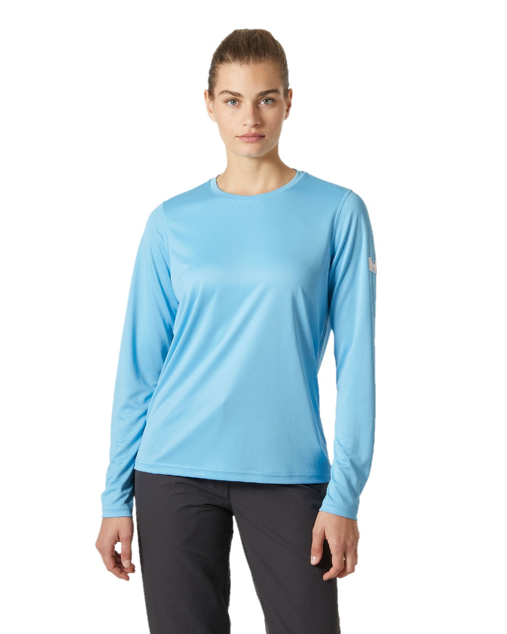 Aqua coloured Helly Hansen Womens Tech Crew Long Sleeve Shirt 2.0 on white background