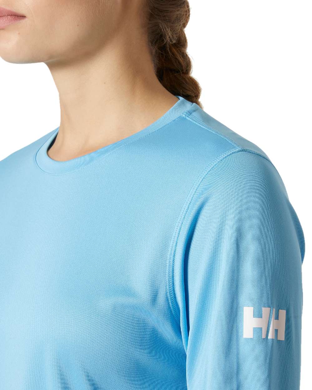 Aqua coloured Helly Hansen Womens Tech Crew Long Sleeve Shirt 2.0 on white background