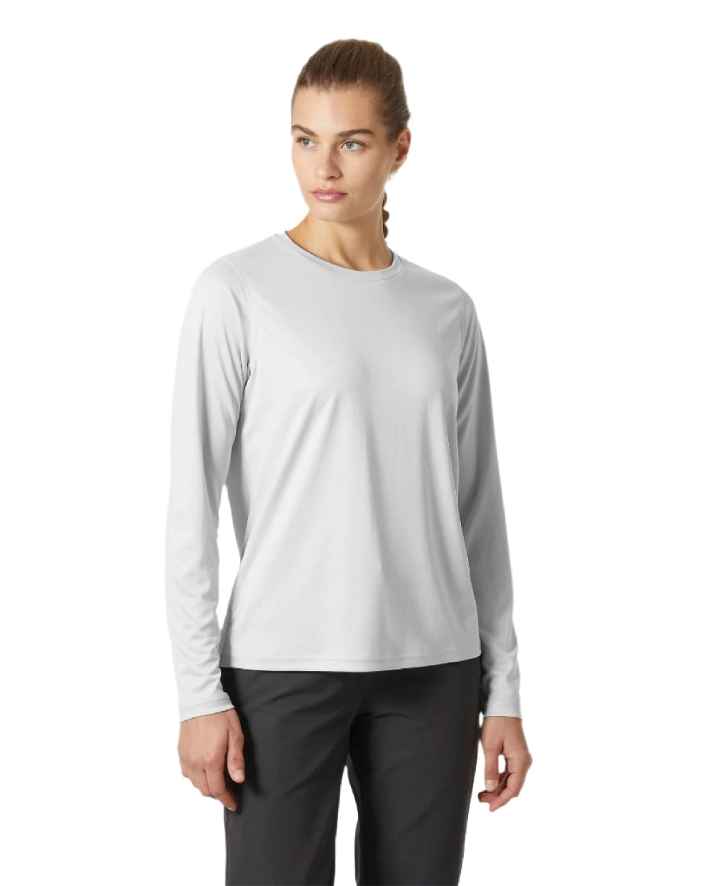 Grey Fog coloured Helly Hansen Womens Tech Crew Long Sleeve Shirt 2.0 on white background