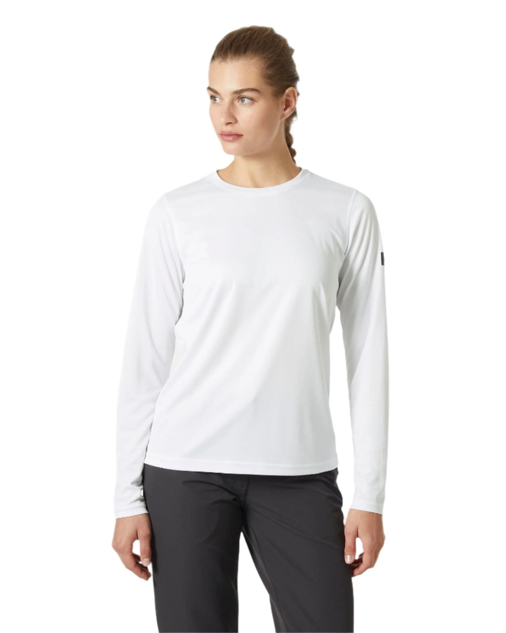 White coloured Helly Hansen Womens Tech Crew Long Sleeve Shirt 2.0 on white background
