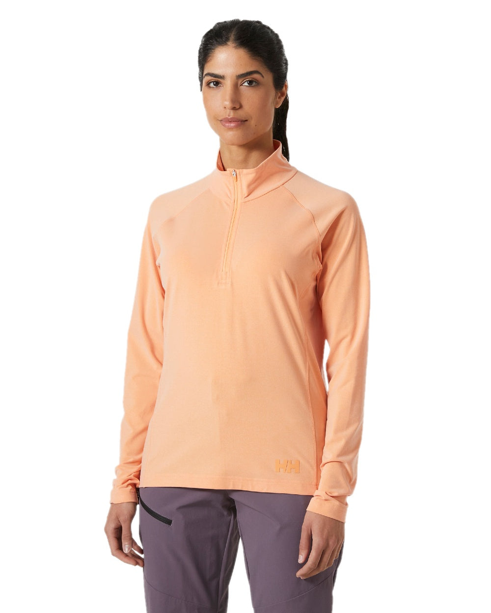 Apricot Crush Melange coloured Helly Hansen Womens Tyri Knit Half Zip Pullover on white background