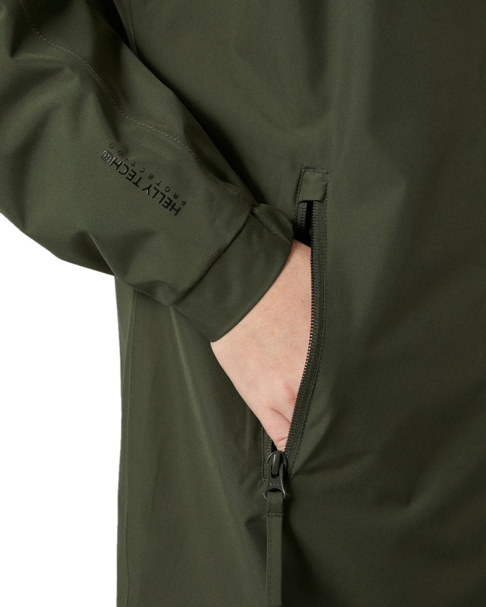 Utility Green Coloured Helly Hansen Womens Valkyrie Fleece Lined Rain Jacket on white background