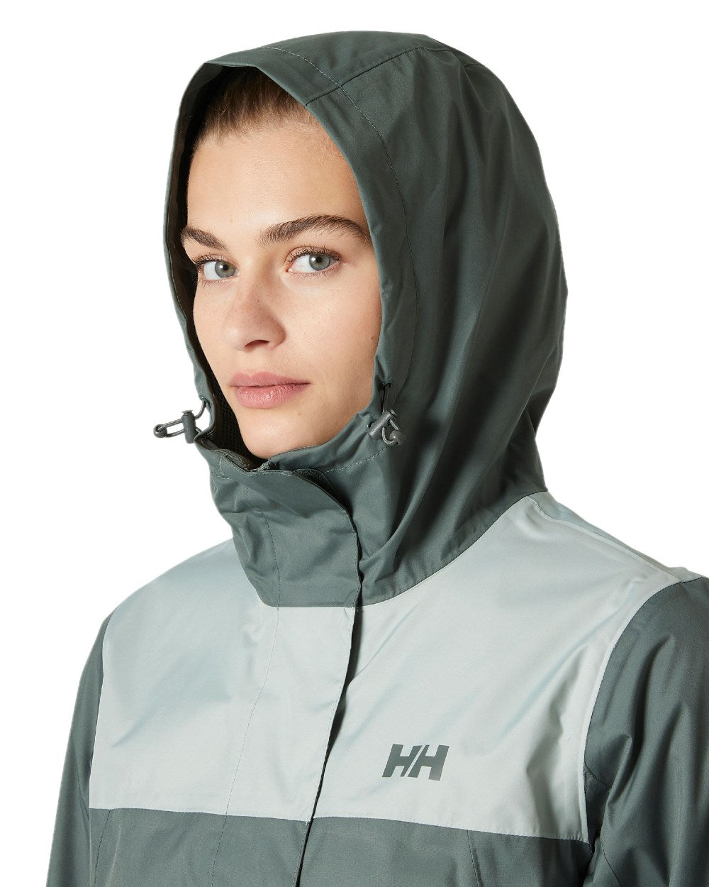Grey Cactus coloured Helly Hansen Womens Vancouver Raincoat on white background
