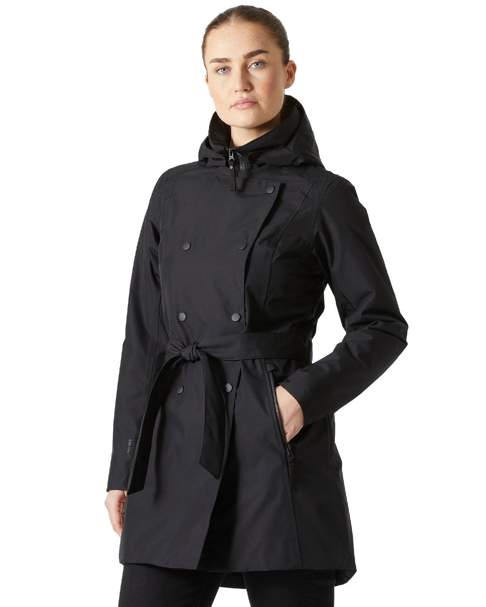 Black Coloured Helly Hansen Womens Welsey II Insulated Trench Coat on white background