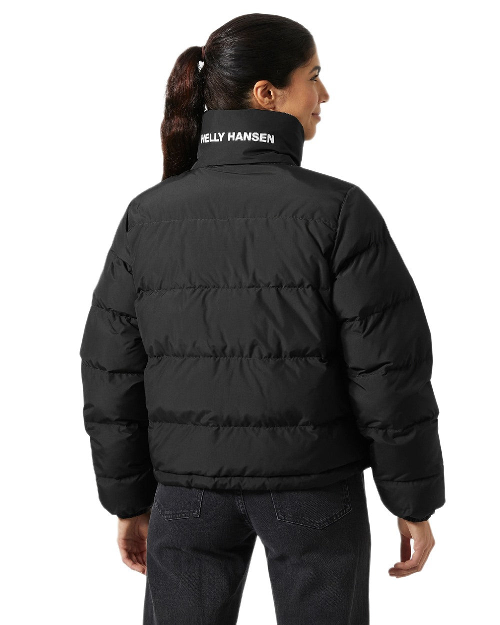 Black Coloured Helly Hansen Womens YU 23 Reversible Puffer Jacket on white background