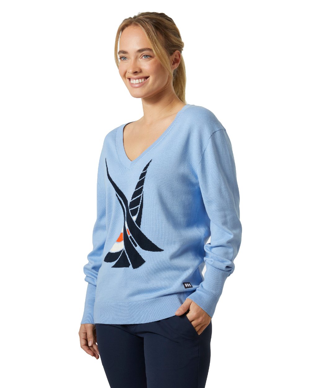 Bright Blue Coloured Helly Hansen Womens Salt Summer Knit Sweater on grey background 