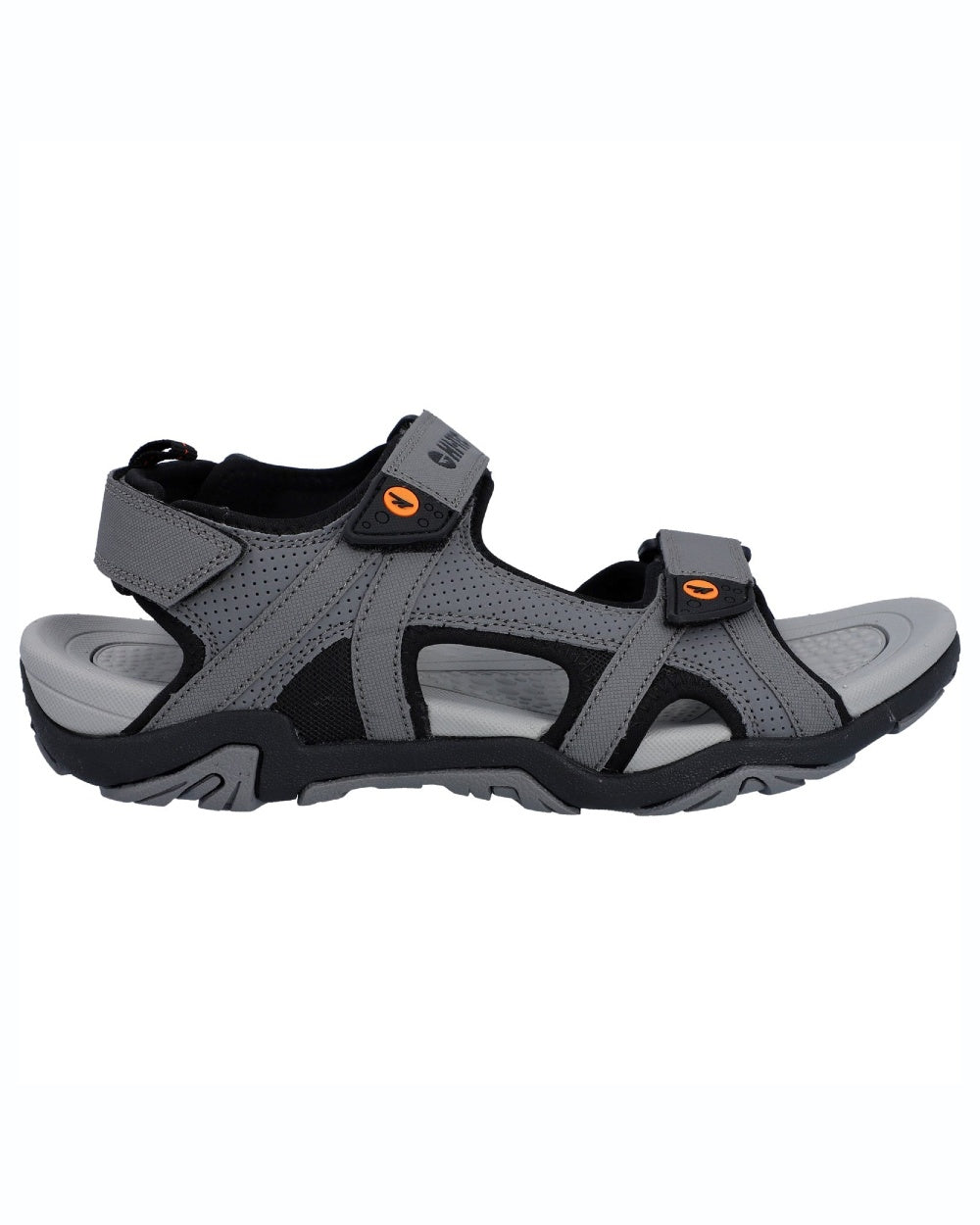 Steel Grey Black Orange Coloured Hi-Tec Crater Sandals On A White Background