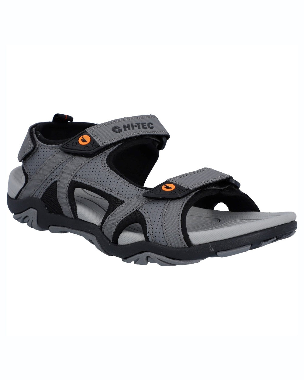 Steel Grey Black Orange Coloured Hi-Tec Crater Sandals On A White Background