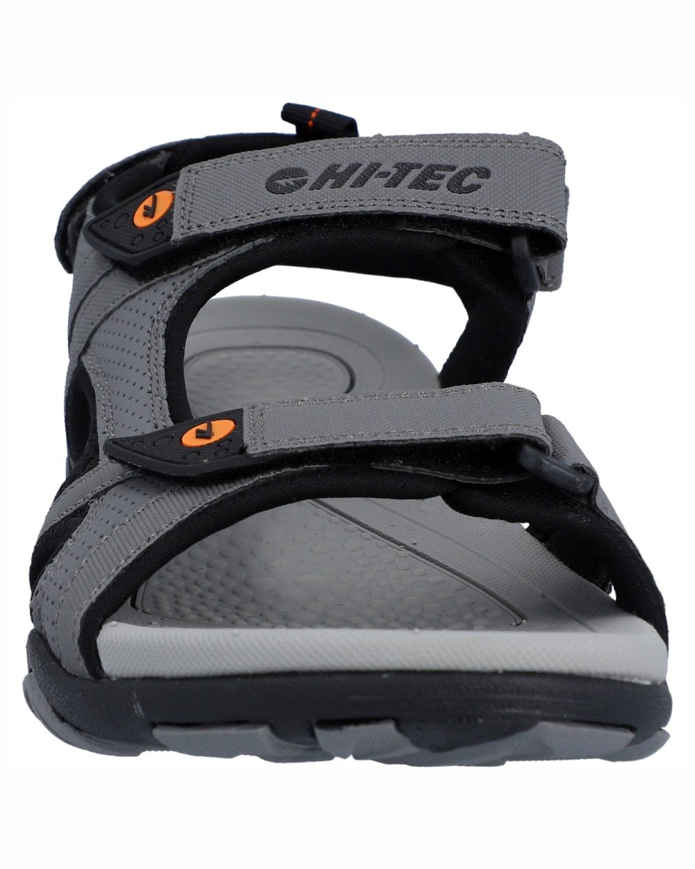 Steel Grey Black Orange Coloured Hi-Tec Crater Sandals On A White Background