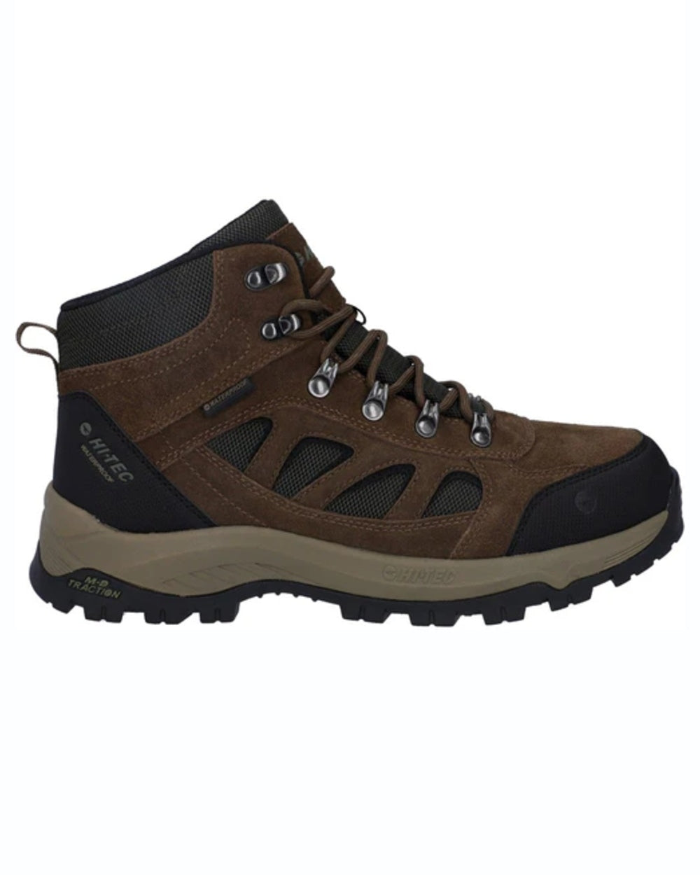 Smokey Brown Khaki coloured Hi-Tec Mens Bandera Expedition Mid Hikers on white background