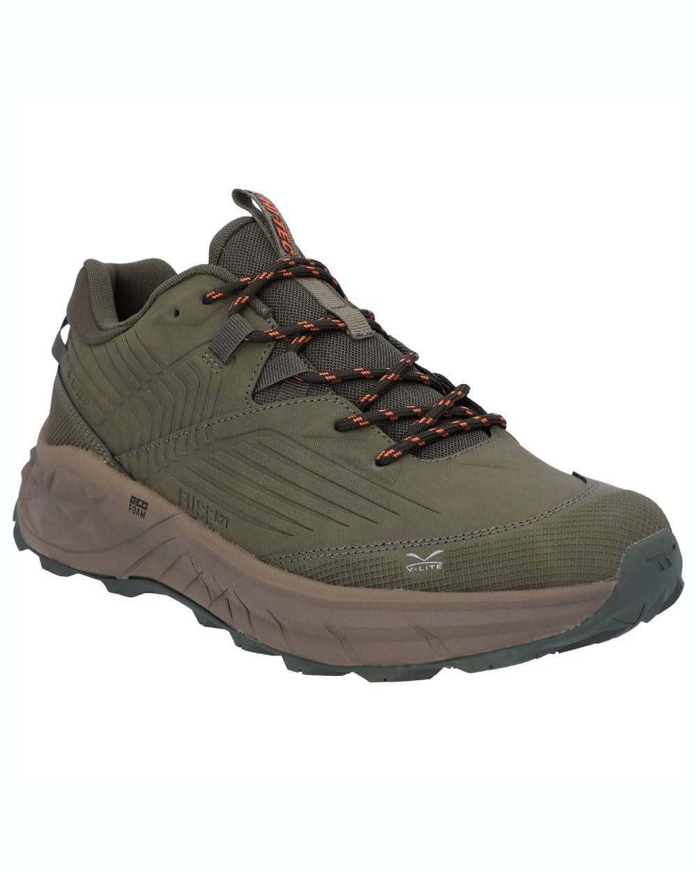 Light Olive coloured Hi-Tec Mens Fuse Trek Hiking Shoes on white background