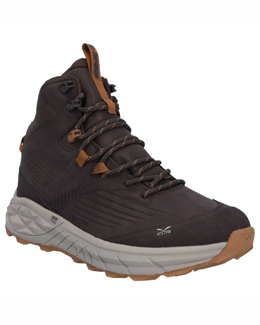 Steel Charcoal Bright Marigold coloured Hi-Tec Mens Fuse Trek Mid Hiking Boots on white background