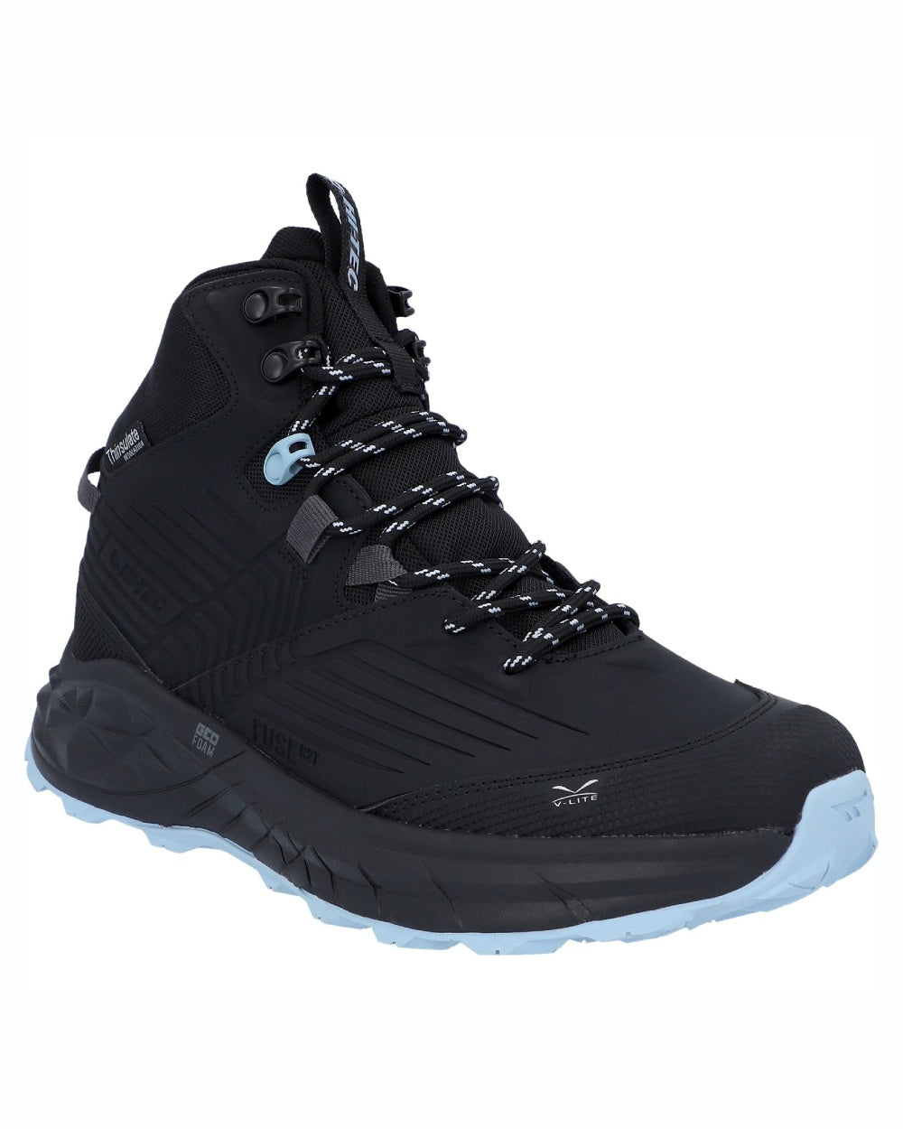 Black coloured Hi-Tec Womens Fuse Trek Mid Hiking Boots on white background