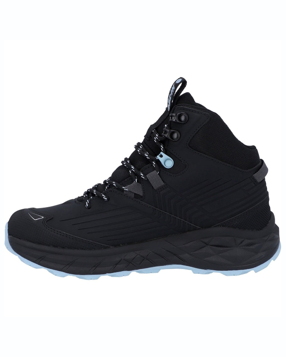 Black coloured Hi-Tec Womens Fuse Trek Mid Hiking Boots on white background