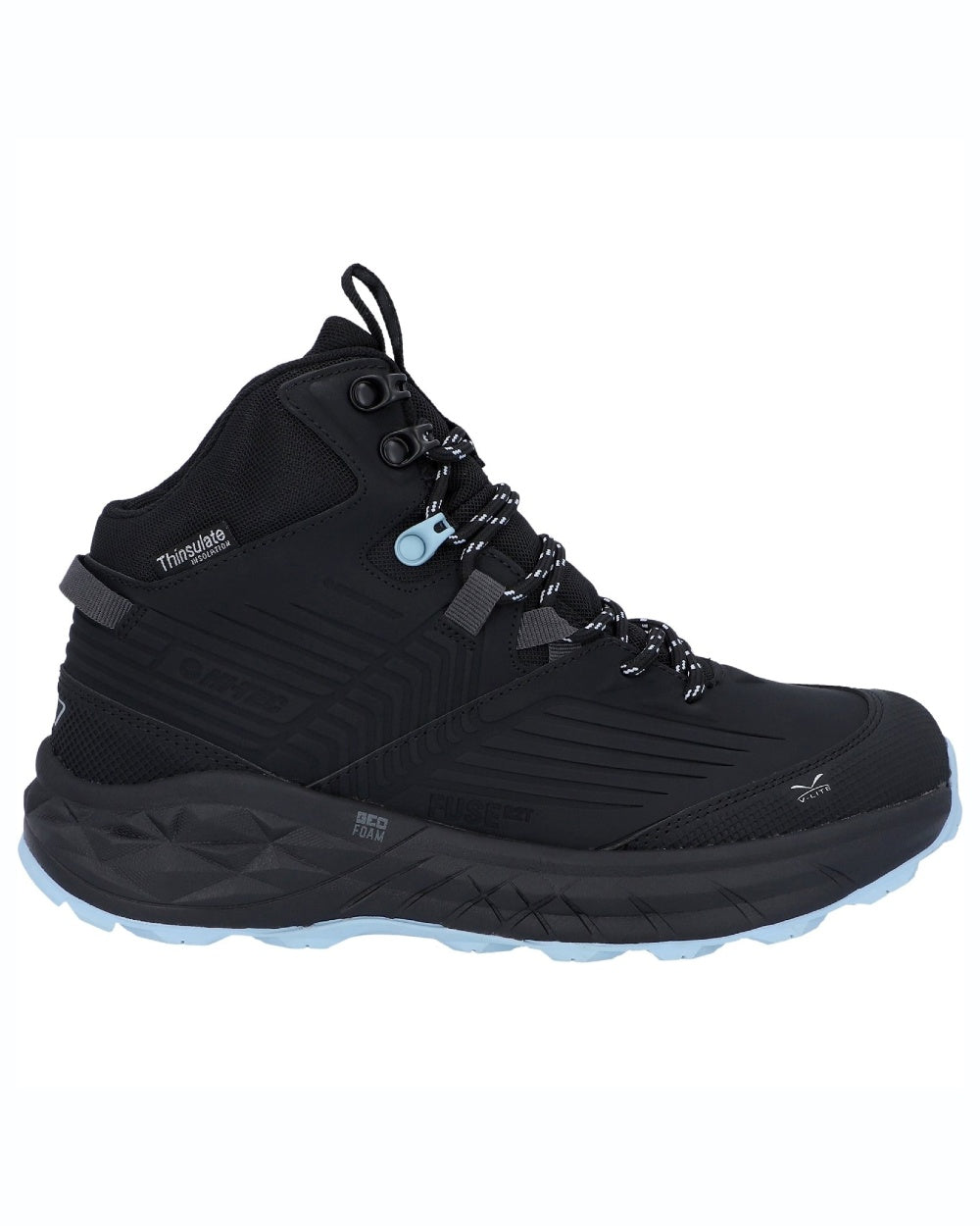Black coloured Hi-Tec Womens Fuse Trek Mid Hiking Boots on white background