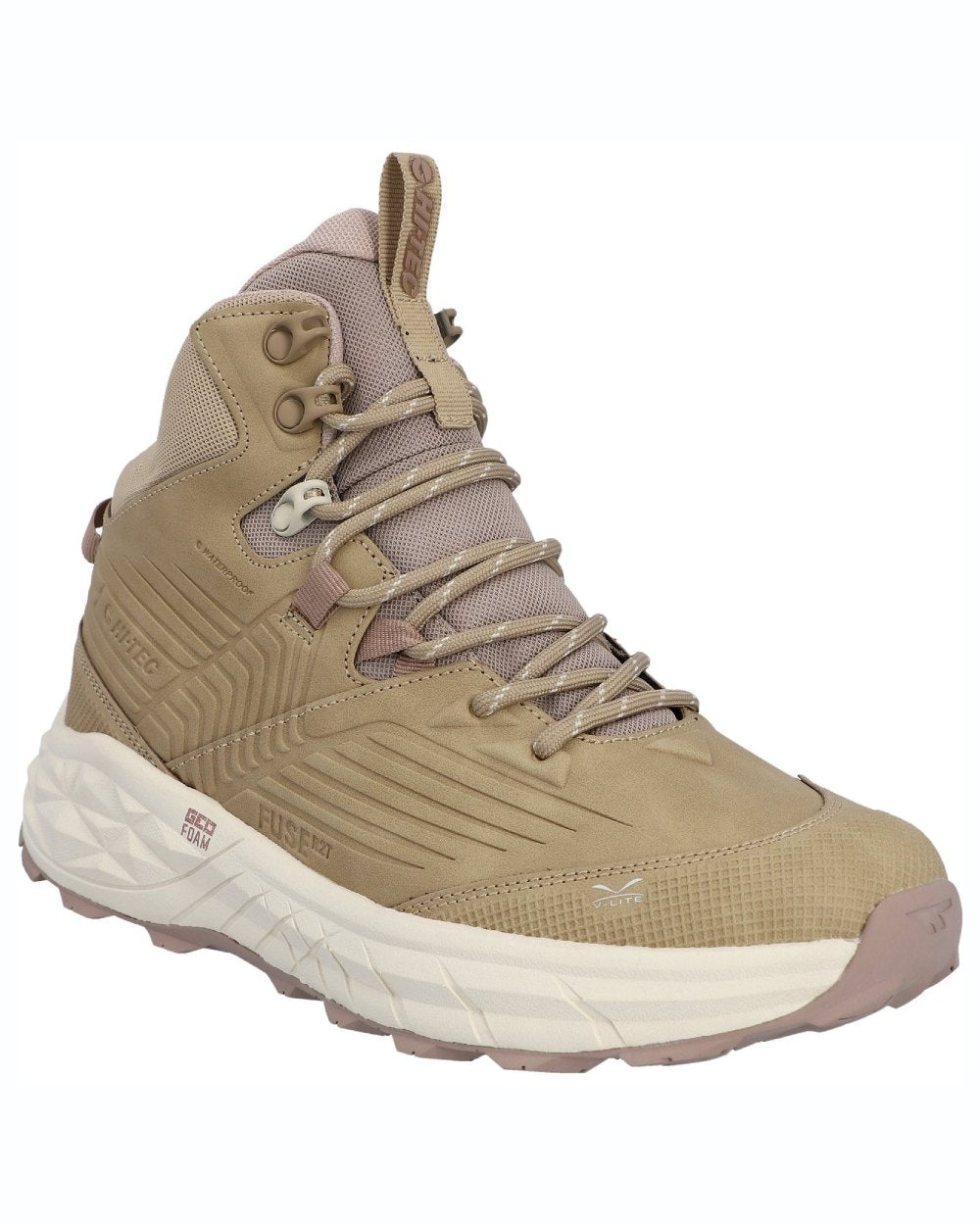Taupe coloured Hi-Tec Womens Fuse Trek Mid Hiking Boots on white background