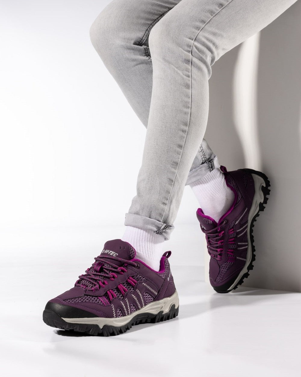 Plum Fuchsia Coloured Hi-Tec Womens Jaguar Shoes On A White Background