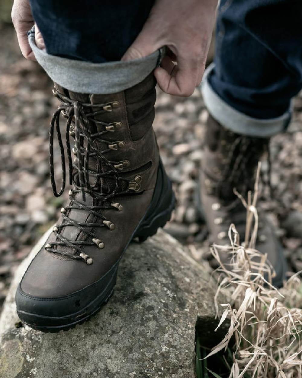 Brown Coloured Hoggs of Fife Aonach II 10 Inch Waterproof Field Boot on stones background