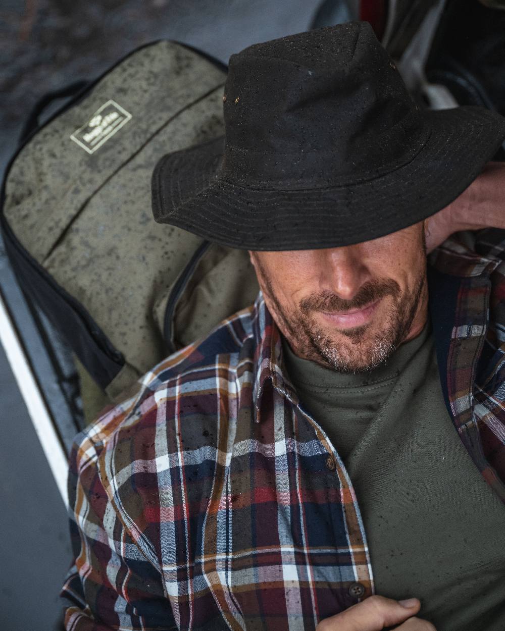 Wine Olive Check Coloured Hoggs of Fife Arran Micro Fleece Lined 100% Cotton Shirt on outdoor background