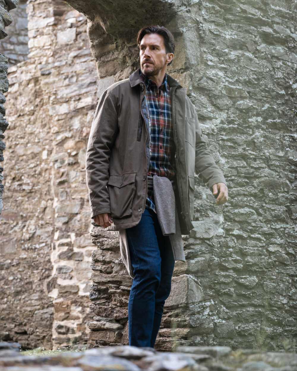 Rock Coloured Hoggs of Fife Balerno Waxed Canvas Barn Coat on outdoor background
