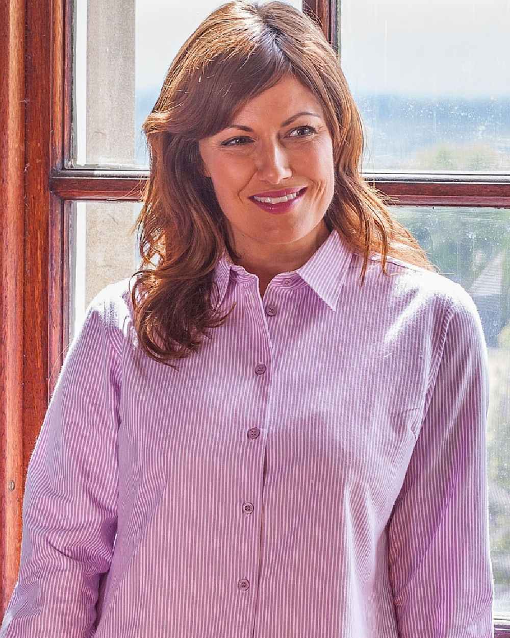 Lavender Stripe Coloured Hoggs of Fife Bonnie II Ladies Cotton Shirt on window background