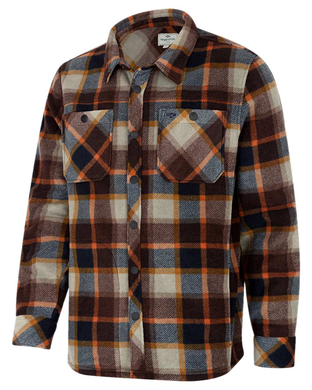 Brown Navy Coloured Hoggs of Fife Brucefield Fleece Shacket on white background
