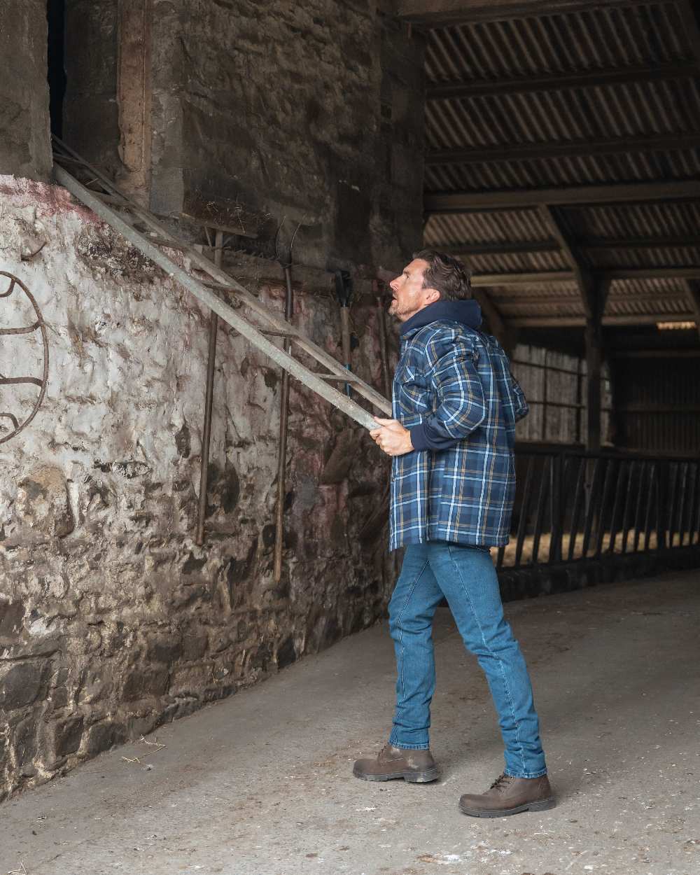 Navy Gold Coloured Hoggs of Fife Brunton Fleece Shacket on indoor background