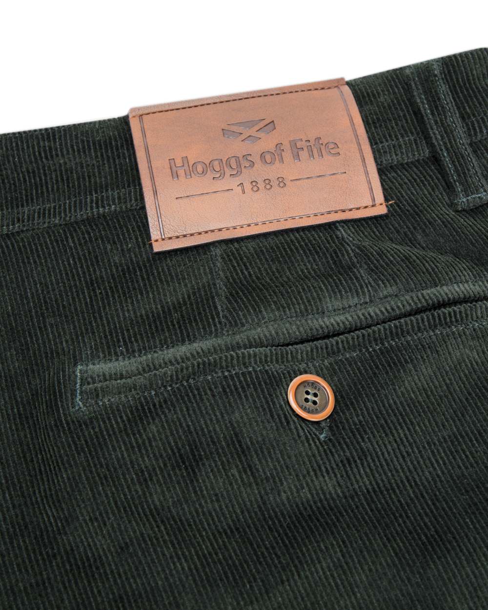 Racing Green Coloured Hoggs of Fife Cairnie Comfort Stretch Cord Trousers on white background