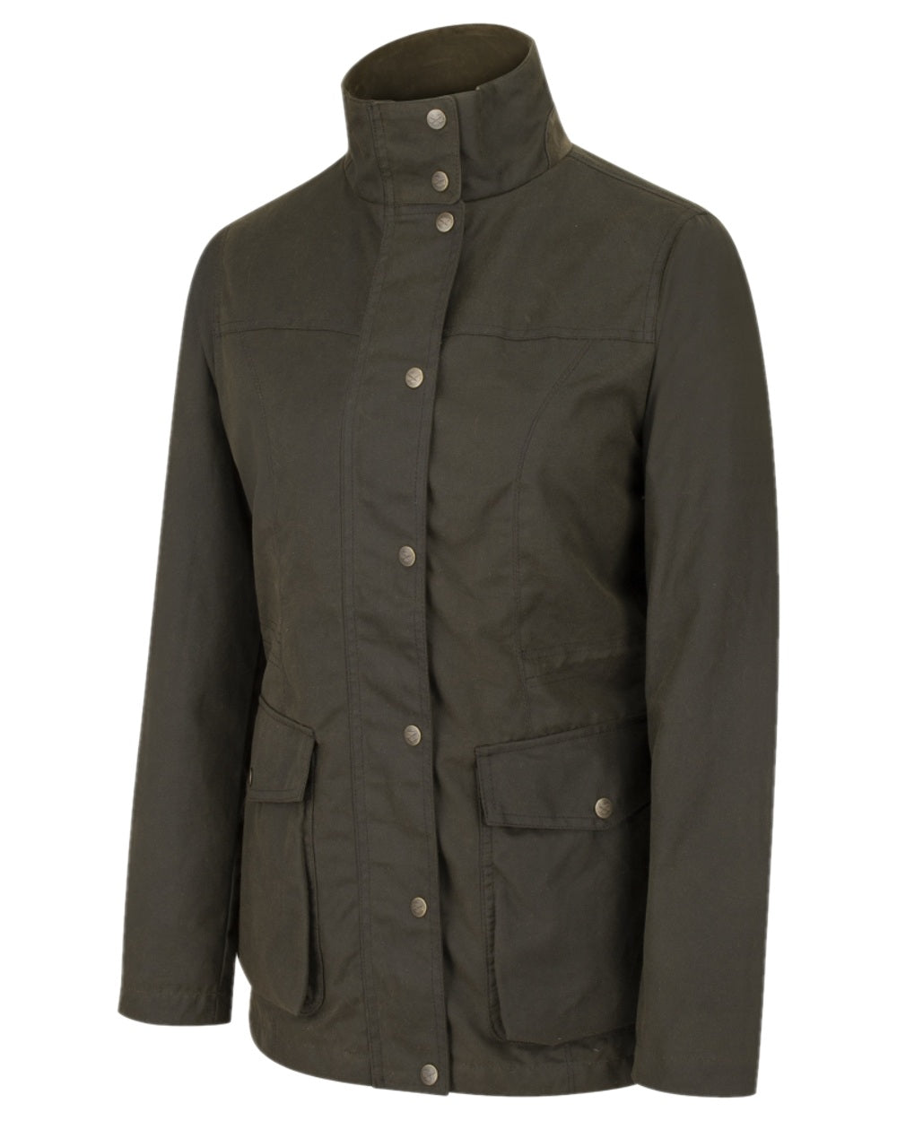 Antique Olive Coloured Hoggs of Fife Caledonia Ladies Antique Wax Jacket on white background