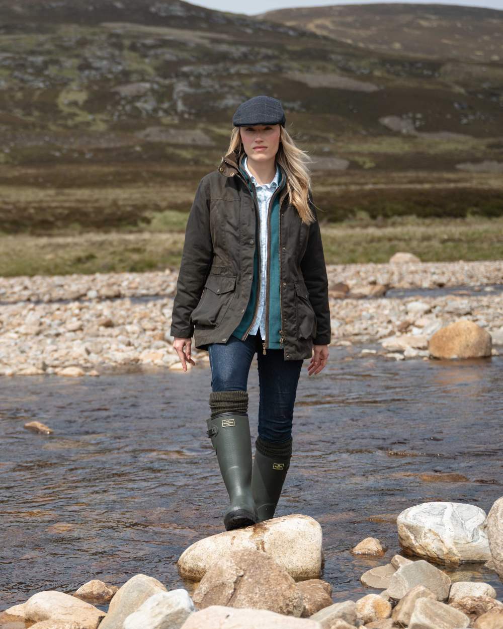 Antique Olive Coloured Hoggs of Fife Caledonia Ladies Antique Wax Jacket on outdoor background