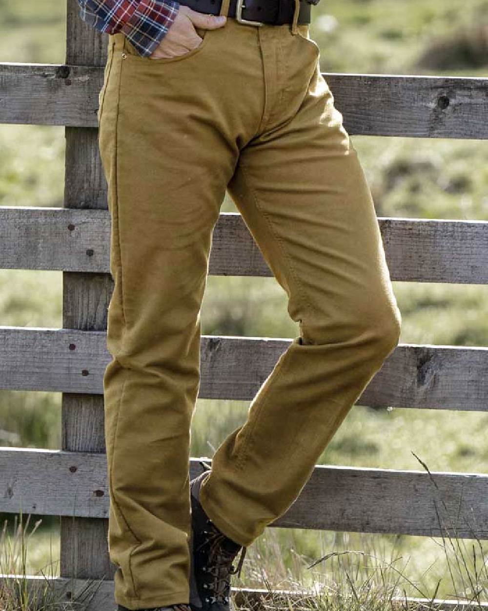 Dried Moss Coloured Hoggs of Fife Carrick Stretch Technical Moleskin Trousers on wood background