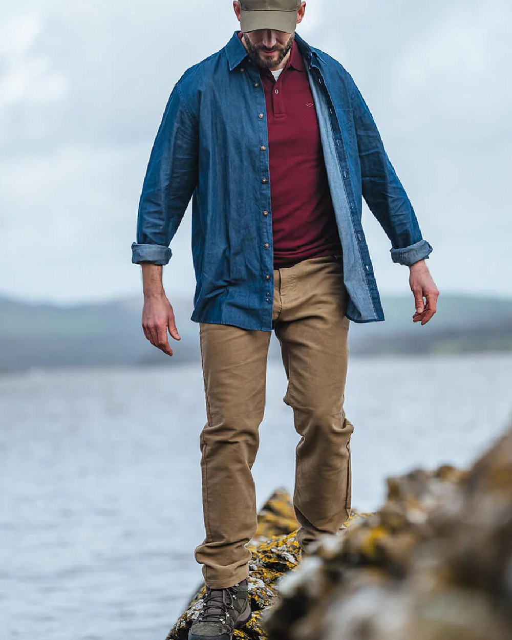 Dried Moss Coloured Hoggs of Fife Carrick Technical Stretch Moleskin Jeans on sky background