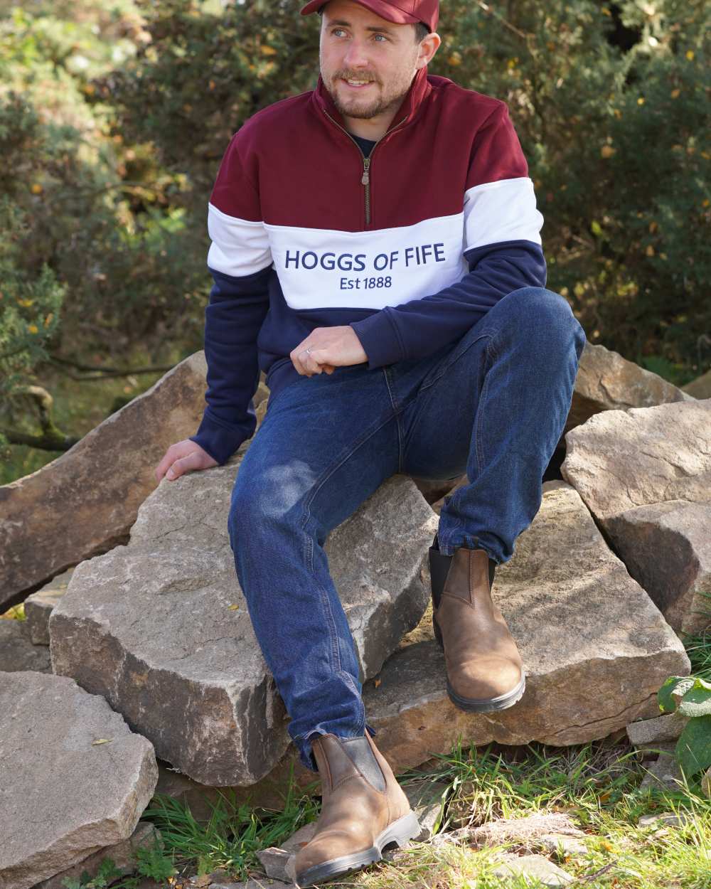 Burgundy White Navy Coloured Hoggs of Fife Dumfries 1888 Mens Quarter Zip Sweatshirt on farm background