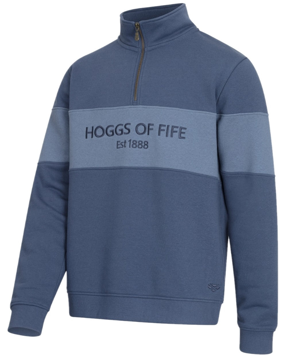 Sea Blue Vintage Blue Coloured Hoggs of Fife Dumfries 1888 Mens Quarter Zip Sweatshirt on white background