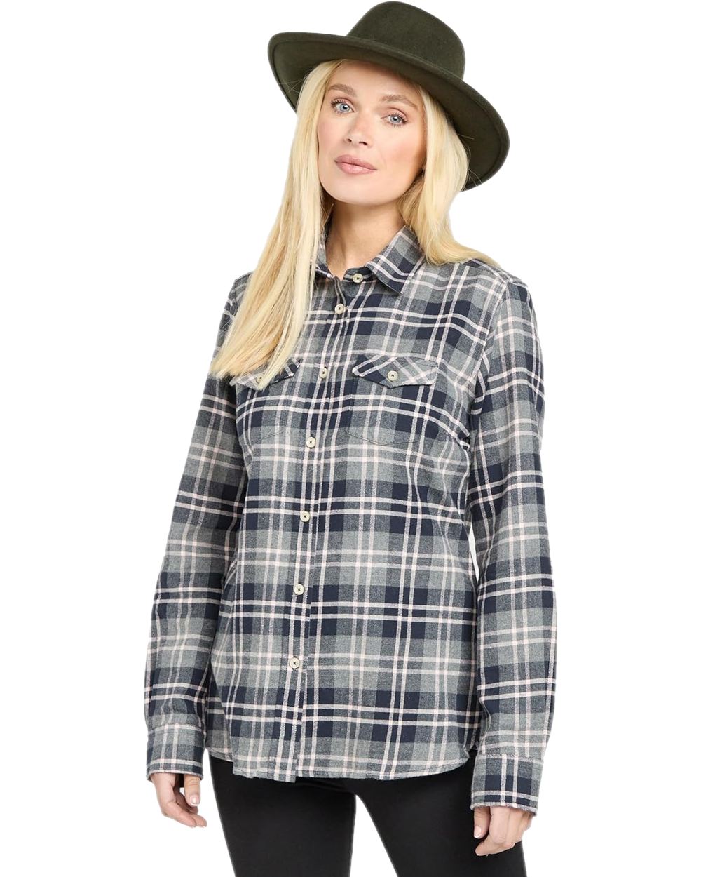 Marled Navy Coloured Hoggs of Fife Eilidh Ladies Shirt on white background