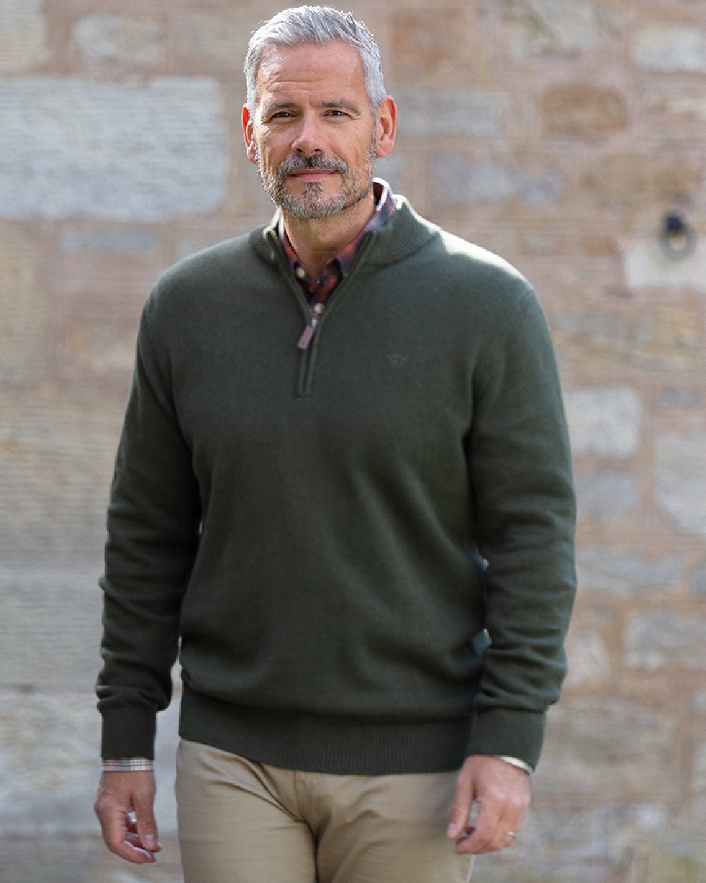 Fern Green coloured Hoggs of Fife Falkirk Quarter Zip Pullover on wall background