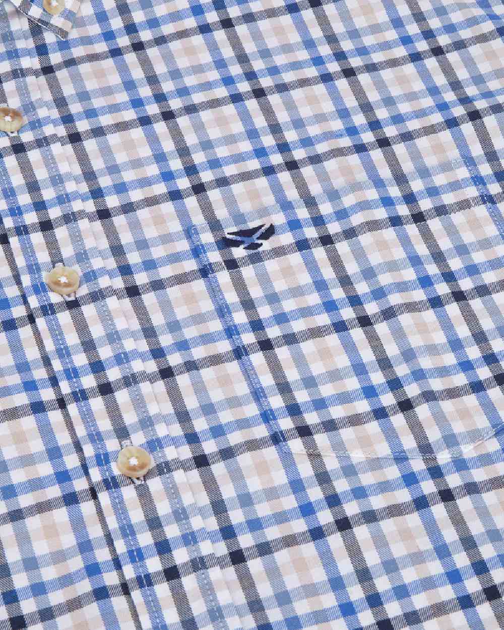 Blue Gold Check Coloured Hoggs of Fife Garvock Cotton Twill Herringbone Check Shirt on white background