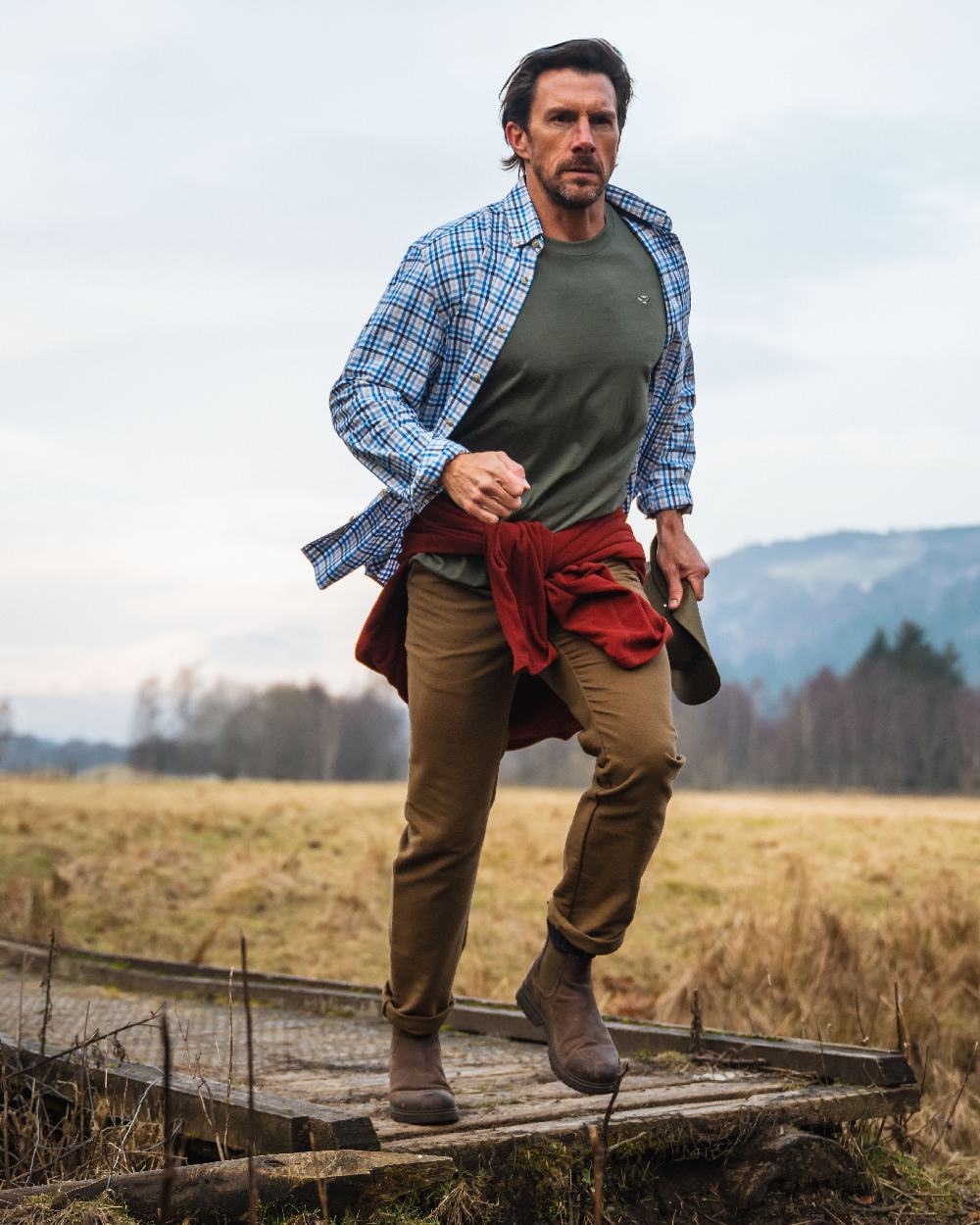 Blue Gold Check Coloured Hoggs of Fife Garvock Cotton Twill Herringbone Check Shirt on farm background